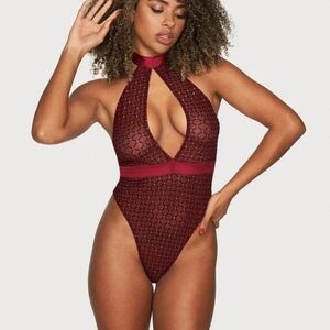 Frederick's of Hollywood Sexy Halter Bodysuit Burgundy Red Diamond Shimmer XL